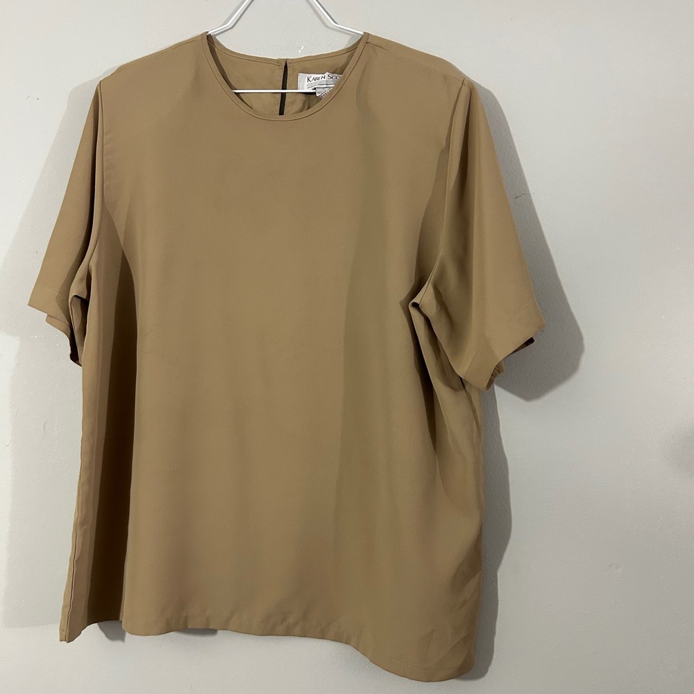 Karen Scott Womens Tan Short Sleeve Polyester Blouse Top Size L